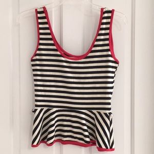Peplum sleeveless black white red striped top